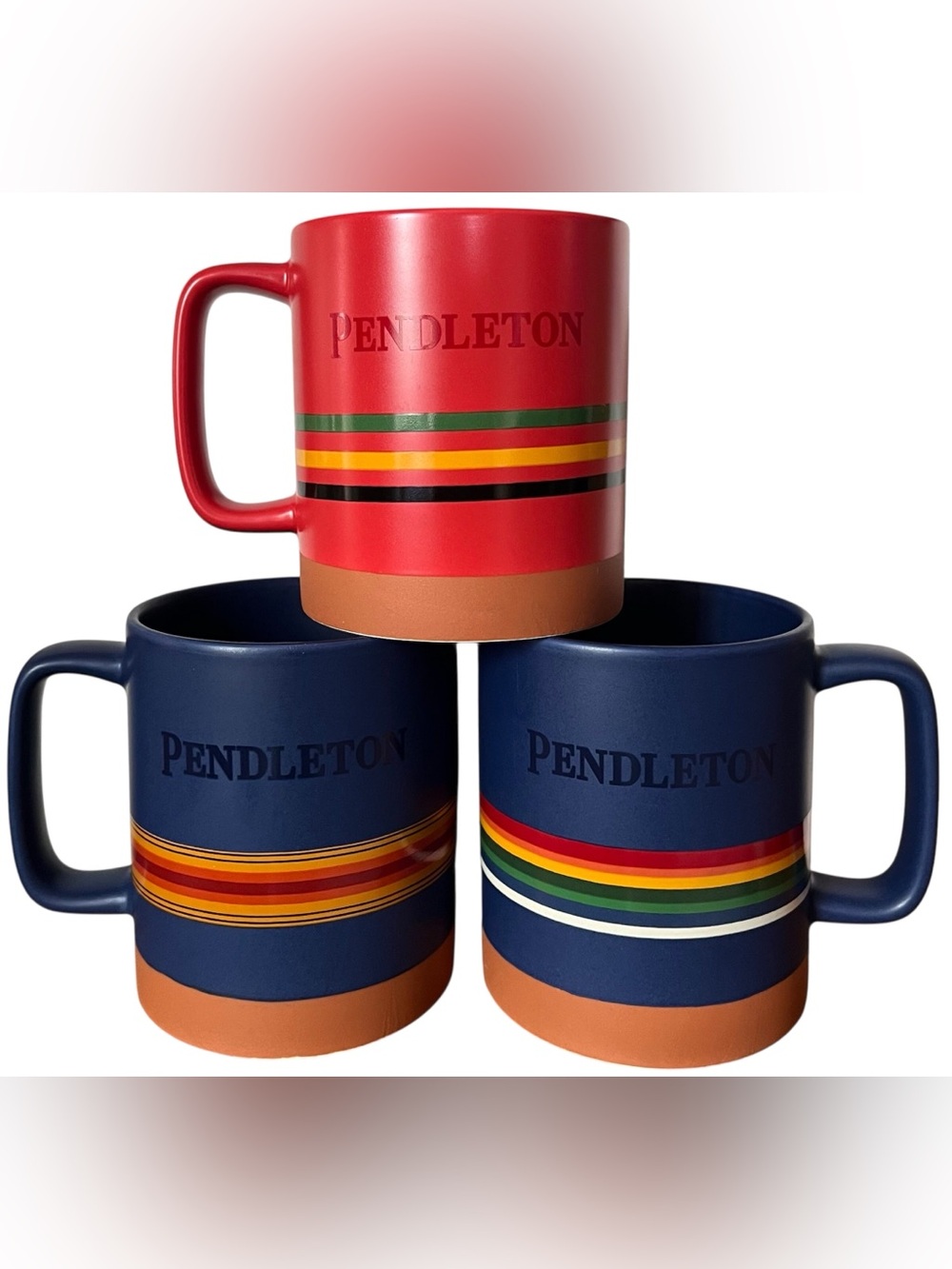 Pendleton Red & Navy Striped Ceramic Mug Trio